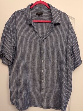 Quince Men's Blue & White Vertical Stripe Linen Button-Up Shirt